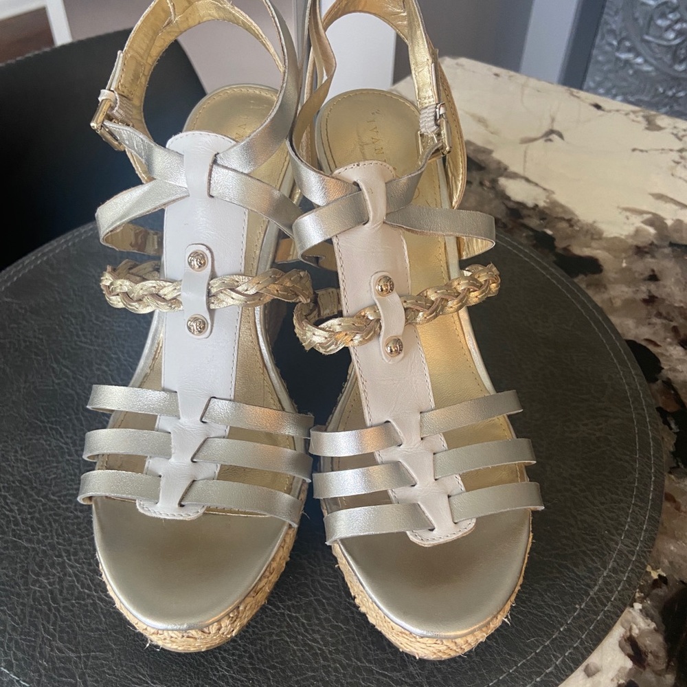 Ivanka Trump White/Gold/Silver Wedges